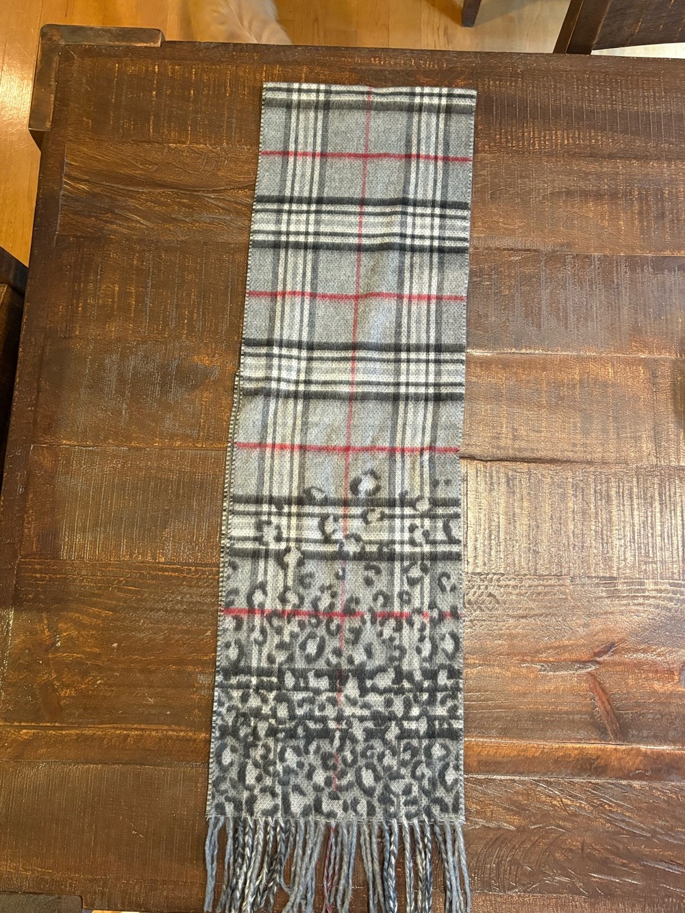 Gray Plaid & Leopard Print Fringe Scarf NWT